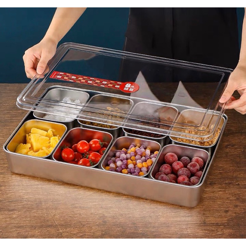 khay inox nhiều ngăn nắp inox(hoặc nắp nhựa)