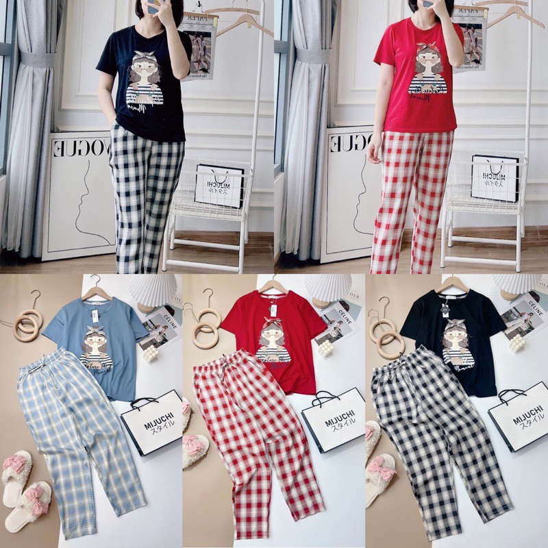 SET BỘ ÁO CÔ GÁI QUẦN KẺ DÀI CHO NỮ