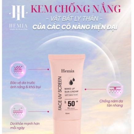 Kem chống nắng Hemia 50+ nâng tone trắng da kiềm dầu cho da dầu mụn da khô da nhạy cảm chính hãng Hàn Quốc 50ml