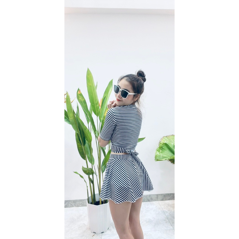 Đồ bơi nữ tay ngắn CỘT NƠ váy xoè kín đáo- Bikini đi biển áo có tay chống nắng- shopnabi TNVX_COTNO