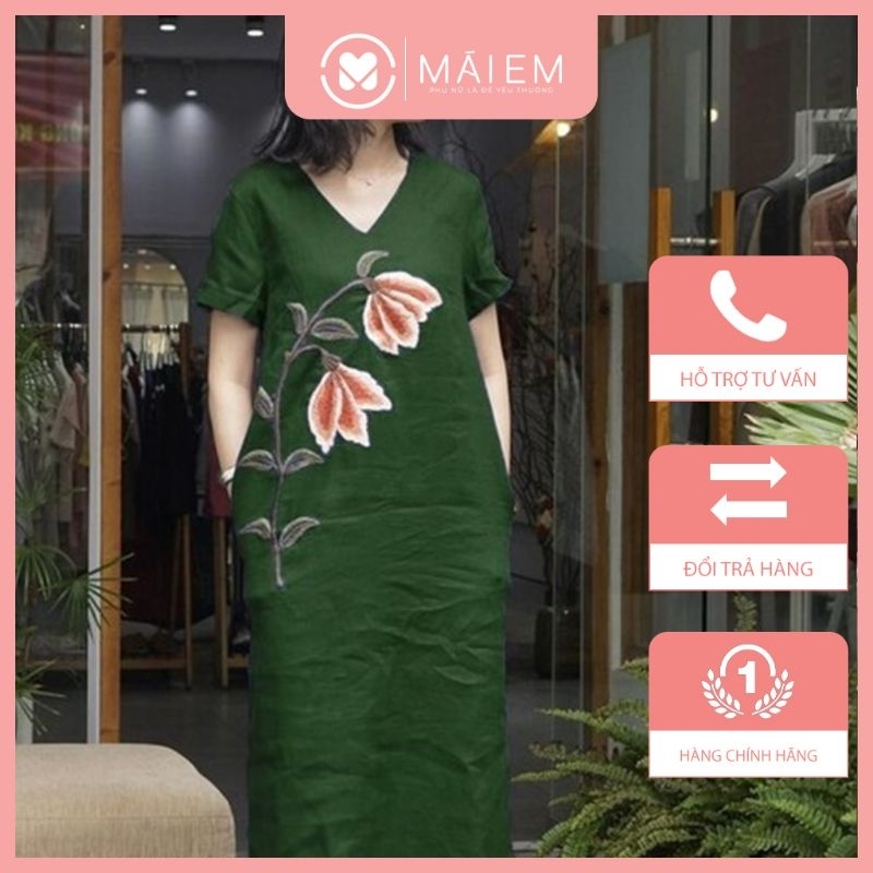 Đầm linen dáng suông cổ tim tay ngắn in hoa tiết màu xanh rêu thời trang Mái Em _V6172