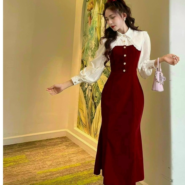 Váy đầm dự tiệc sang chảnh dài phối lụa cổ sơ mi sang trọng họa tiết nhung dáng xòe đuôi cá tôn dáng siêu xinh tươi trẻ