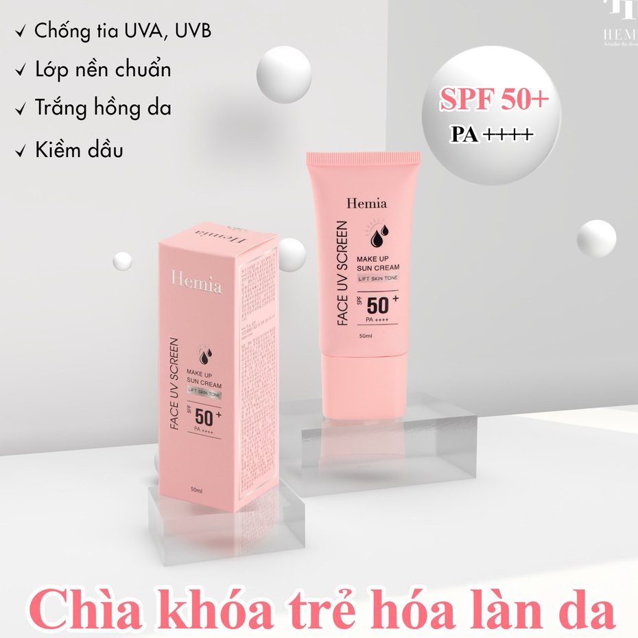 Kem chống nắng Hemia 50+ nâng tone trắng da kiềm dầu cho da dầu mụn da khô da nhạy cảm chính hãng Hàn Quốc 50ml