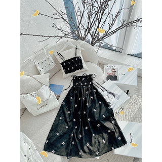 Set maxi cúp ngực phom xoè vải dập hoa