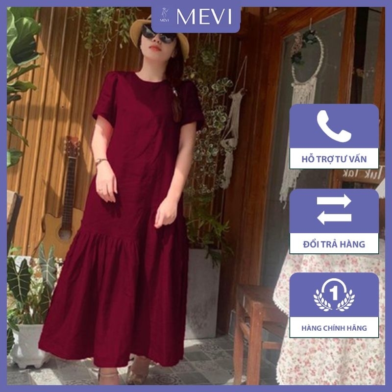 Đầm linen cổ tròn tay ngắn dáng xòe thời trang cao cấp _V7226