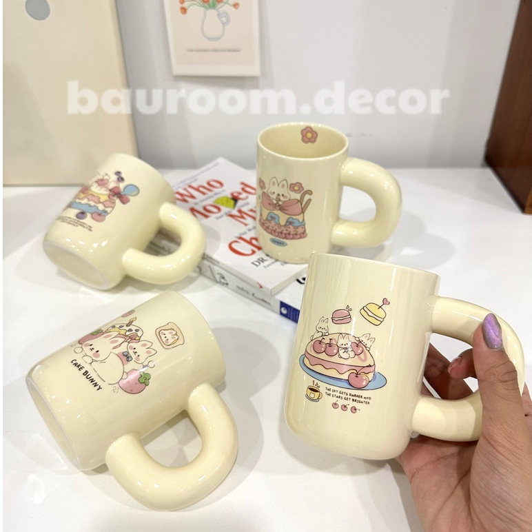 Ly sứ tay béo cực xinh họa tiết " Thỏ happy birthday " (Hàng có sẵn / Shop tự chụp)