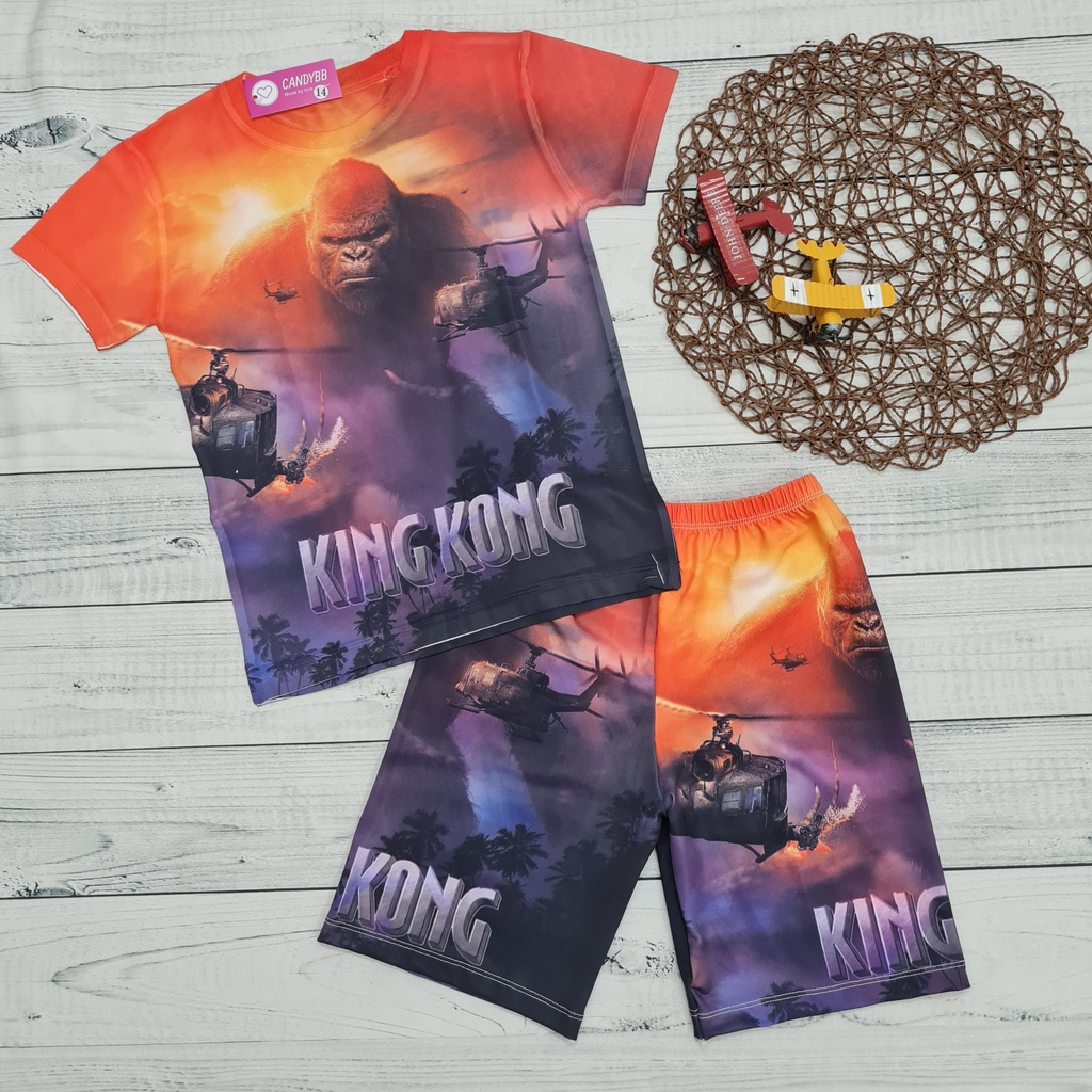 Đồ bộ bé trai in hình King Kong và Godzilla chiến đấu, bộ thun lạnh tay ngắn trẻ em size đại từ 10kg -60kg