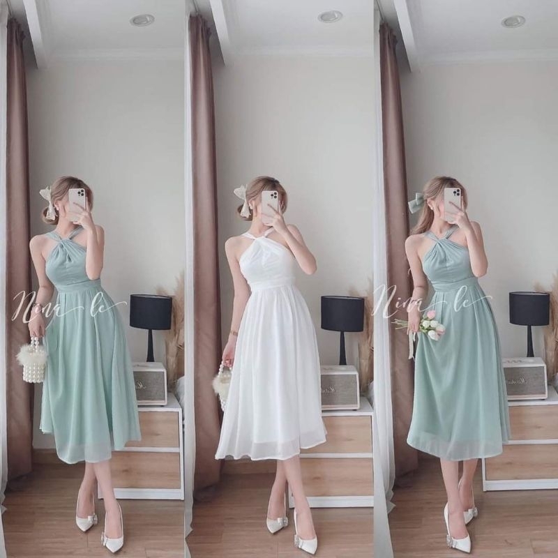 Váy đầm nữ dự tiệc đám cưới sự kiện midi dáng xòe cổ yếm hở vai thiết kế trẻ trung nhẹ nhàng cho nữ Vip 59