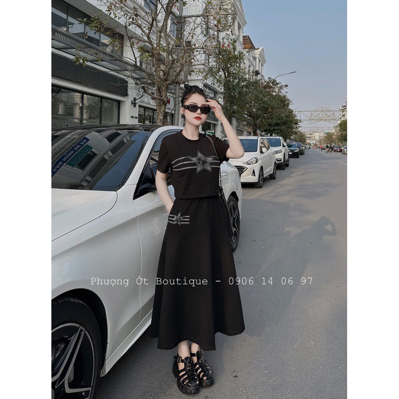 SET ZIP ÁO ĐÍNH ĐÁ SAO KÈM CHÂN VÁY XOÈ DÀI