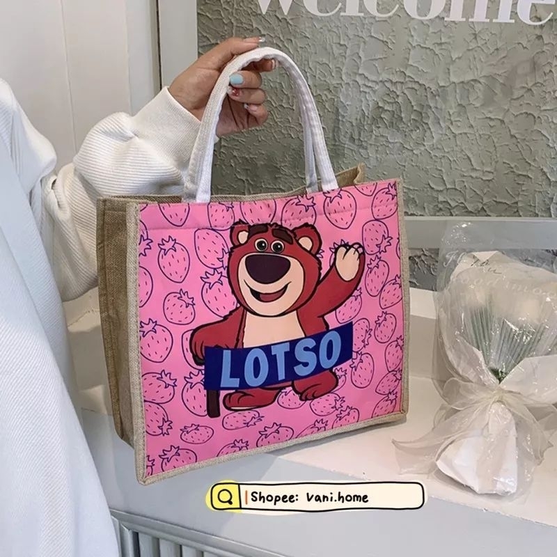 Túi Cói Lotso Gấu Dâu Xinh Xắn Túi Xách Cói Nữ, Túi  Tote Lotso gấu hồng