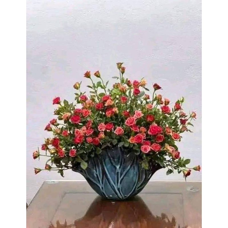 Bình hoa decor dáng lá sen - men lam hỏa biến. TẶNG kèm miếng định hình hỗ trợ cắm hoa