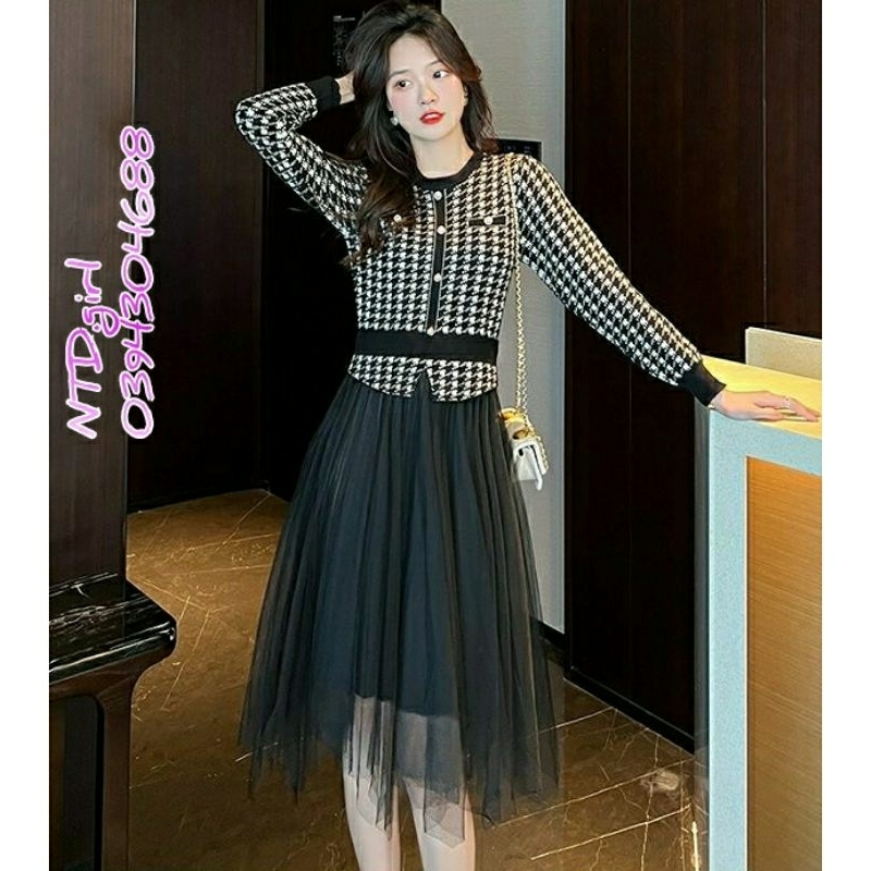 Hàng nhập - Đầm dáng xòe len phối tùng ren lưới, váy dự tiệc họa tiết zigzag tay dài