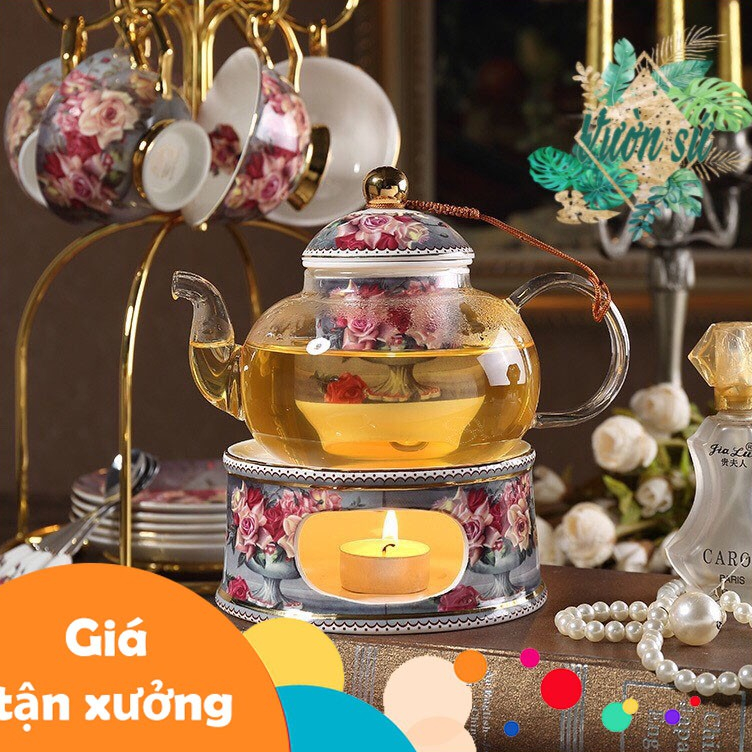 Bộ ấm trà hoa hồng đỏ mạ vàng sang trọng - VS464