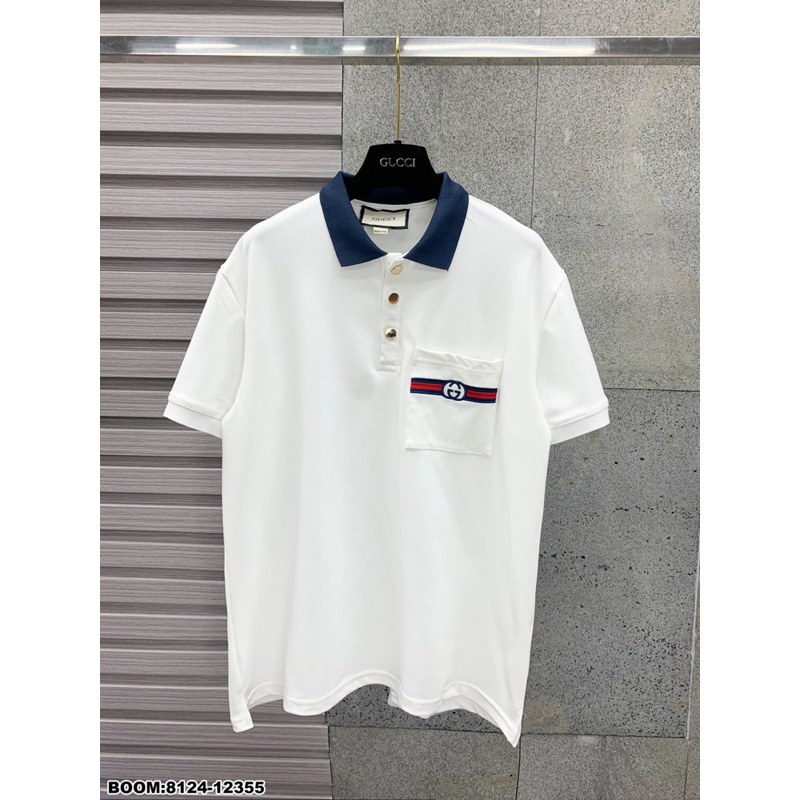 Áo polo nam hoạ tiết túi ngực hot hit cổ xanh kem