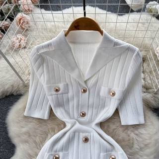 đầm len body cổ Vest