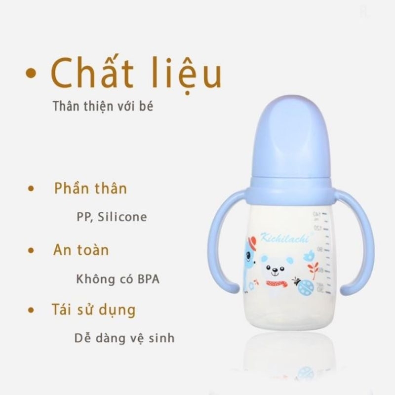 Bình sữa kichilachi cổ hẹp 140ml kèm tay cầm núm ti siêu mềm cho bé