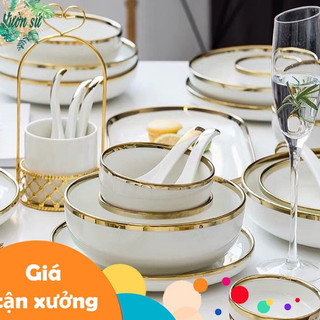 [XẢ KHO] Bát tô, đĩa sứ trắng viền vàng cao cấp bán lẻ - VS326