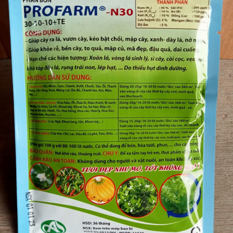PROFARM 30_10_10 GIÚP vươn cây, kéo bật chồi,xanh mỡ lá, khỏe rễ, bền cây,to củ, lớn quả,mã đẹp,dai cuống