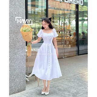 Đầm Tay Phồng Nút Tiểu Thư