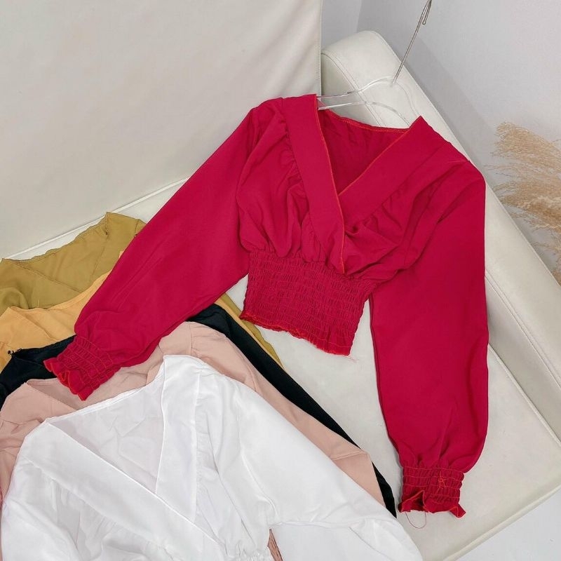 Áo Voan Kiểu Cổ Tim tay Dài Bo Eo Tay