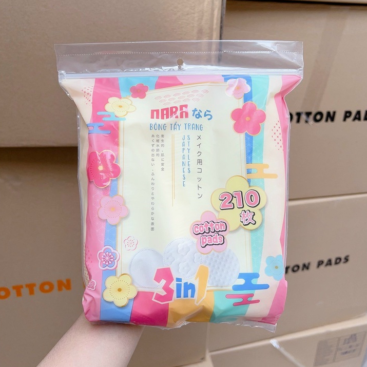 Bông tẩy trang Nara túi zip Nhật dập viền siêu mịn 210 miếng và 160 miếng