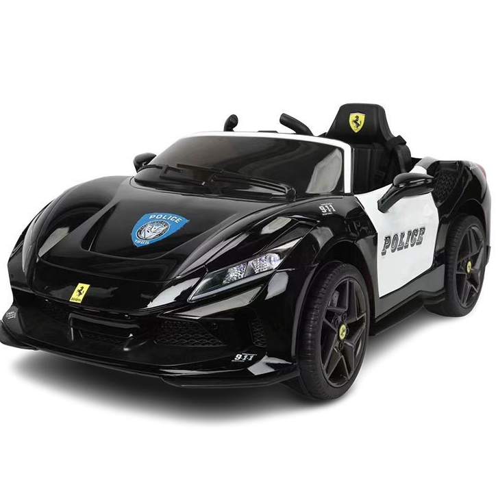 Ô tô điện trẻ em Ferrari Police F8 sơn bóng, khoá điện, 2 động cơ tự lái và điều khiển xa (Đen)