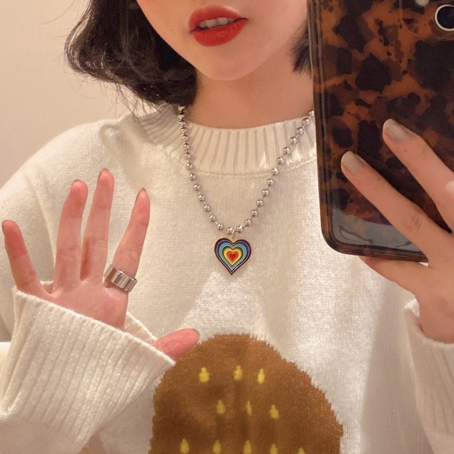 miumiuaVòng cổ hợp kim mặt hình trái tim màu cầu vồng thời trang cho nữ
