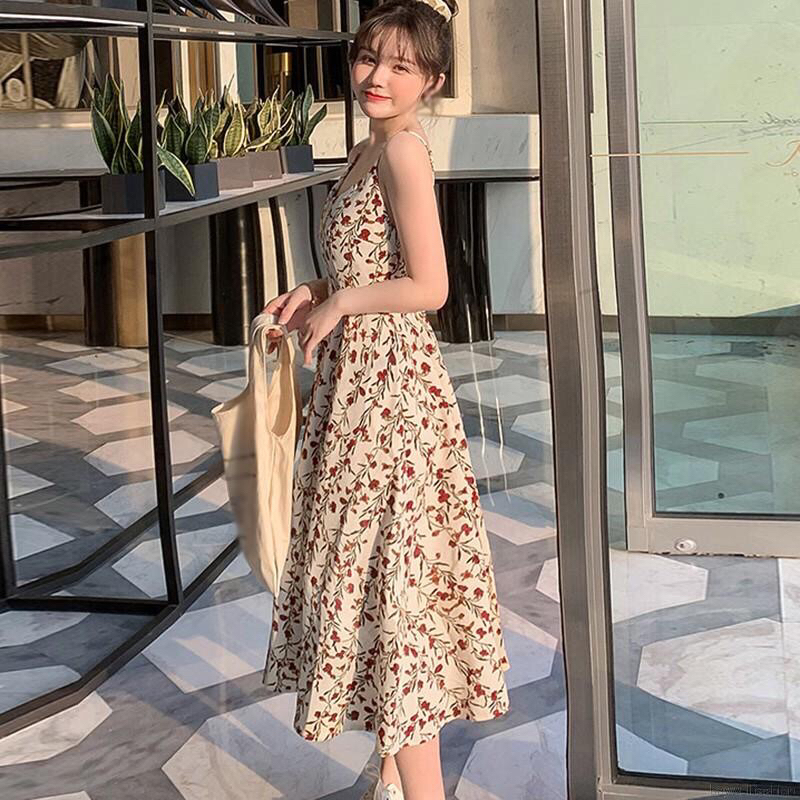 Đầm 2 dây maxi hoa nhí cổ đổ freesize