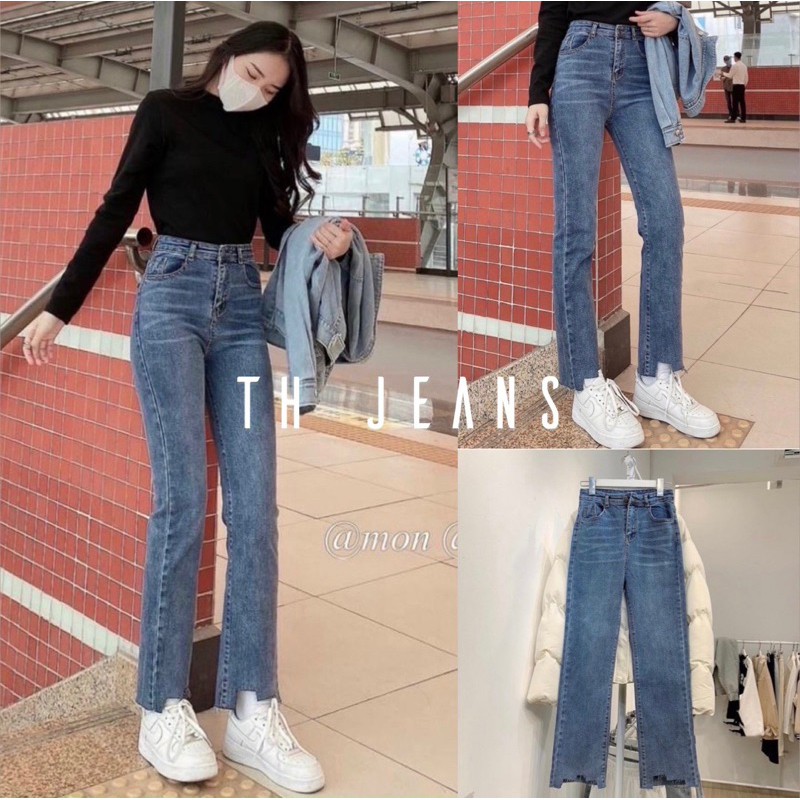 Quần jeans ống đứng cắt gấu cách điệu chất liệu bò co dãn sẵn 3 màu siêu hack dáng
