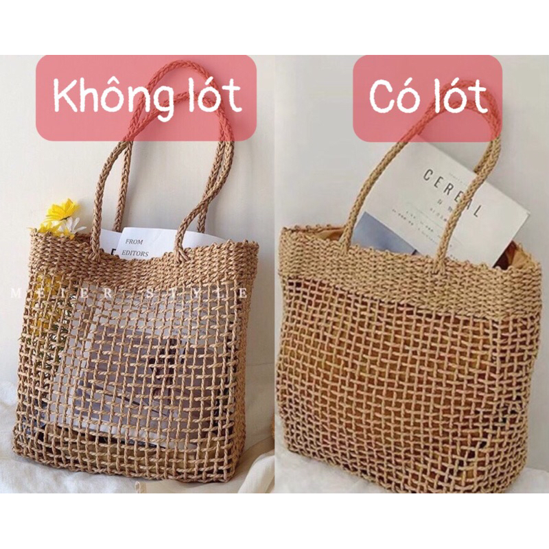 Giỏ cói Tote xách vuông - đan lưới caro thưa - phong cách Vintage