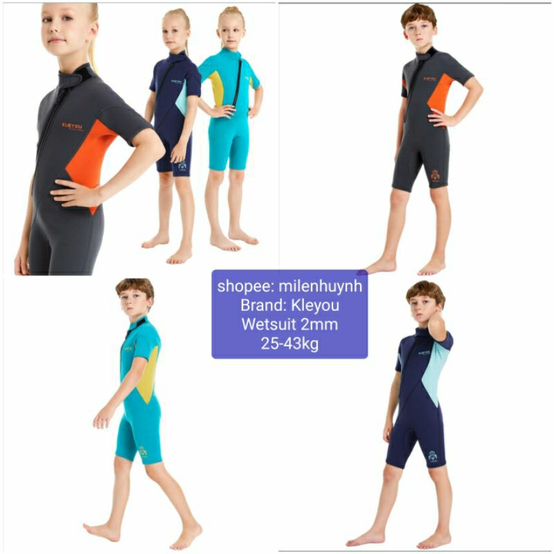 Đồ bơi giữ nhiệt ngắn tay khóa kéo trước dày 2mm Kleyou R009 size 25-43kg cho bé trai bé gái