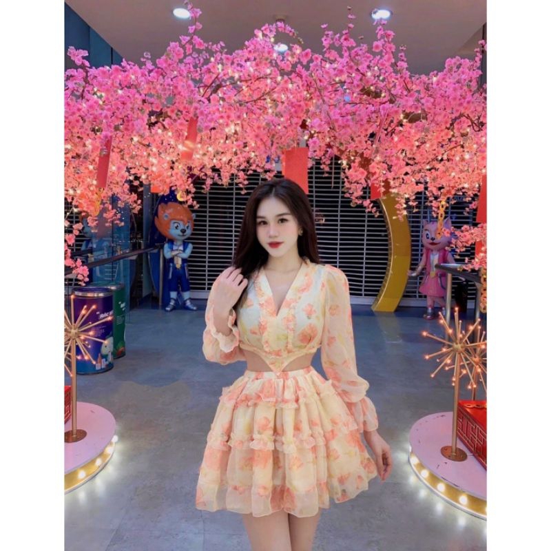 Váy hoa tay dài cúp ngực voan tơ sang chảnh ( có lót quần )