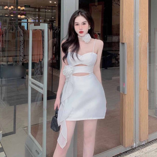 Đầm hai dây tafta cut out đính hoa xinh - MAU