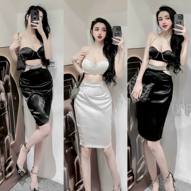 sét áo croptop cúp ngực kết đá chân váy cut eo