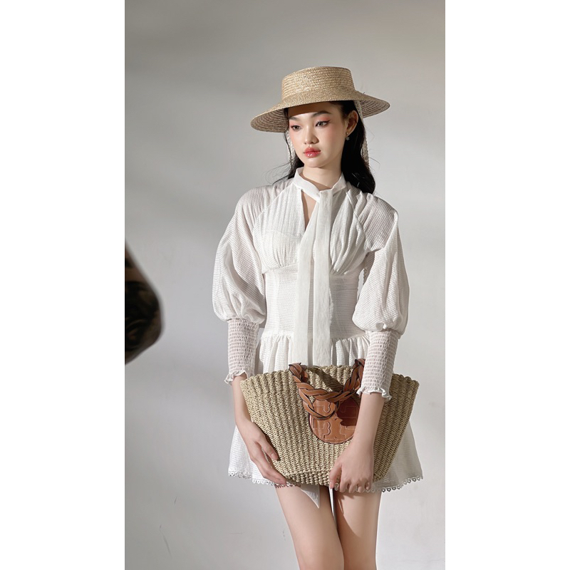 Đầm tay dài chạy bo chun phối dây thắt nơ AGUJA Audrey dresss