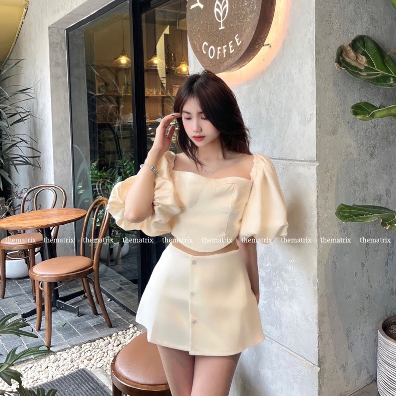 Set trễ vai tay phồng 3 cúc cv gava