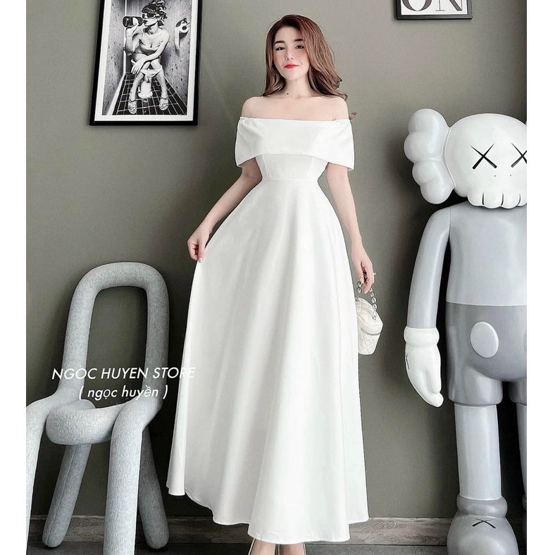 Đầm trễ vai thời trang nữ dự tiệc chất cotton lạnh phối bèo váy xoè maxi