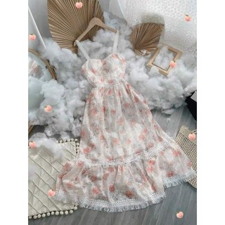 ĐẦM MAXI 2 DÂY REN HOA HỒNG (CÓ MÚT NGỰC)