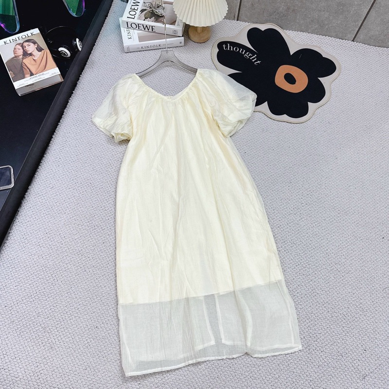 Đầm Đũi Tơ Nhăn Tay Bồng Cổ V Siêu Mát Mã QT028