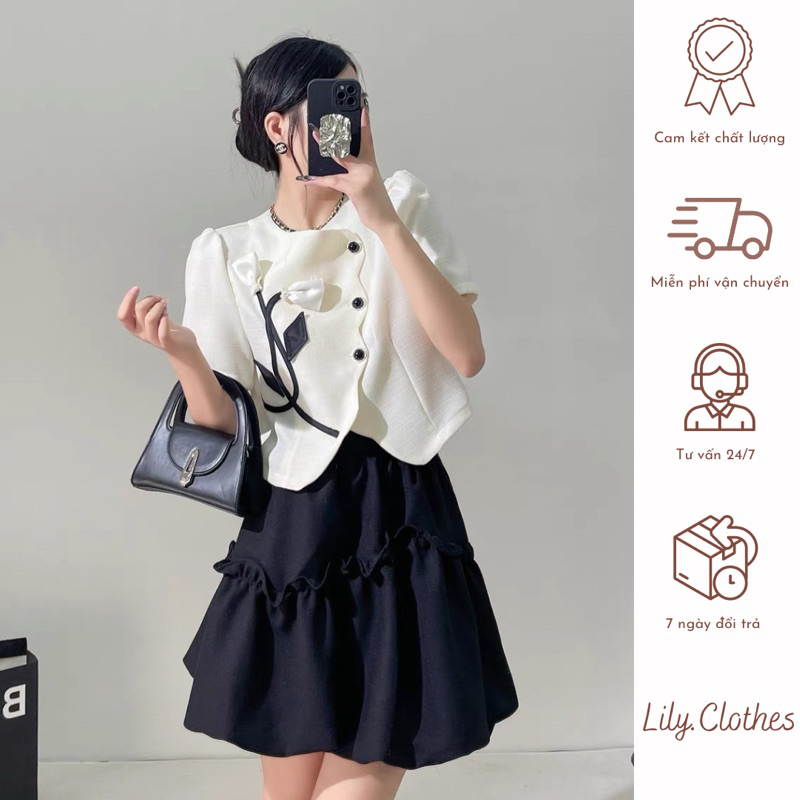 Set áo sơ mi cộc tay thêu hoa Tulip kèm chân váy xoè tiểu thư