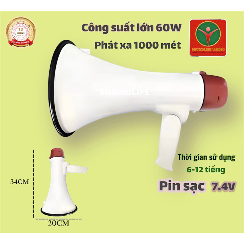 Loa phóng thanh nói trực tiếp ghi âm phát lại cầm tay công suất lớn 60W có cổng usb có Bluetooth.