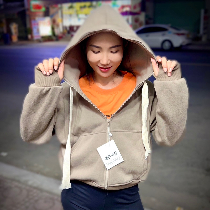 AK07_Áo Khoác Nữ Dáng Lửng Khoá Kéo Cao_Chất Nỉ Thun Cao Cấp_Bo Tay Xỏ Ngón Chống Nắng Tiện Lợi