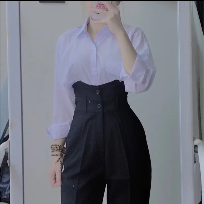 Quần baggy lưng siêu cao 2 khuy tôn dáng form dài cạp cao mã 375