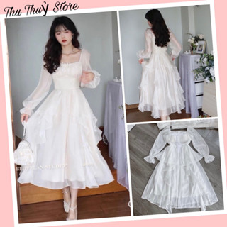 Váy Trắng Dài Tầng Viền Ngọc Tiểu Thư Đi Đám cưới , Đi chơi , Chụp Kỉ Yếu