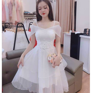 Đầm bông thời trang nữ sang chảnh dự tiệc chất lưới kết bông cổ dây trễ vai váy xoè xếp tầng lộng lẫy