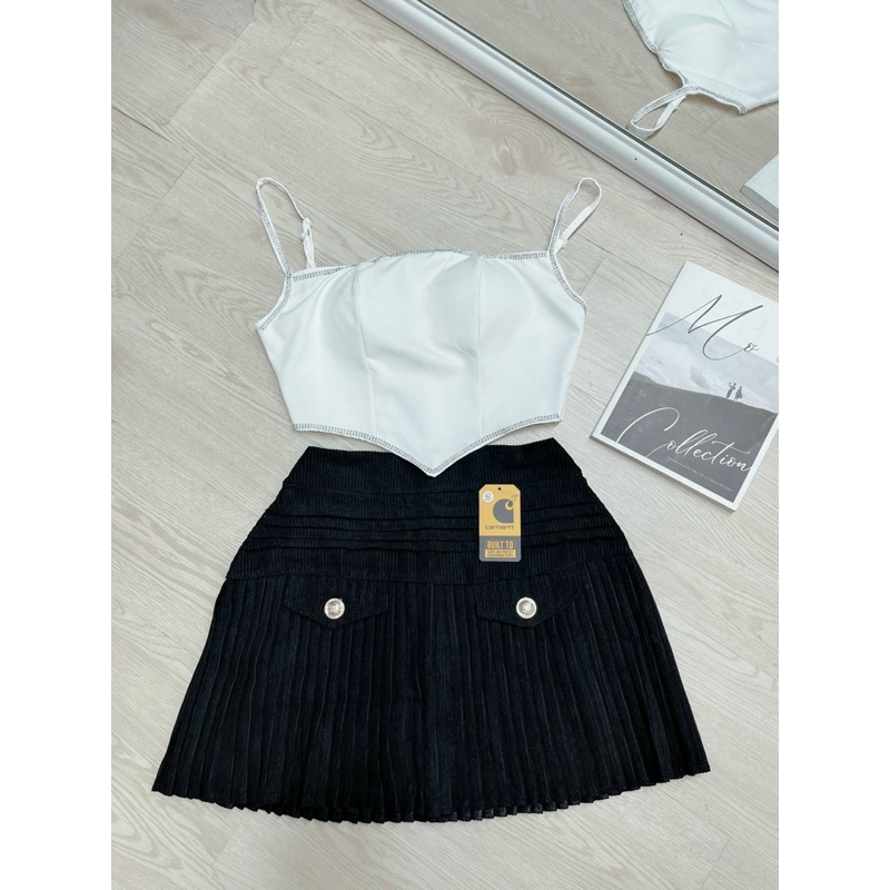 ÁO DÂY CÚP MÚT NGỰC CROPTOP VẠT NHỌN ĐÍNH ĐÁ KHOÁ KÉO