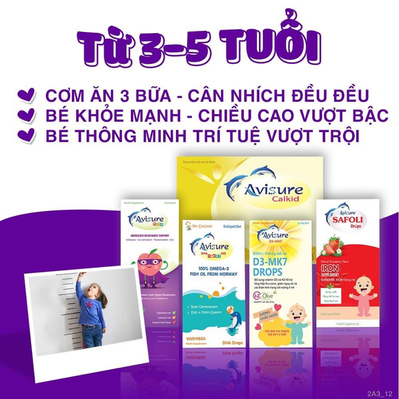 Bộ sản phẩm Avisure bổ sung vi chất toàn diện cho bé D3 MK7 drops DHA smart kid Safoli drops Avisure muno Calkid Kẽm zio