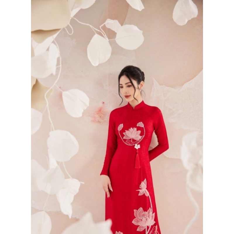 Áo dài gấm thêu hoa sen hỏi cưới có bigsize