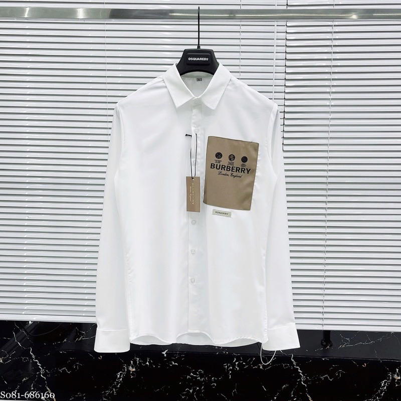 Áo sơ mi burberry nam trắng dài tay thêu mác logo chữ trước ngực chất vải lụa cao cấp mềm mịn đẹp
