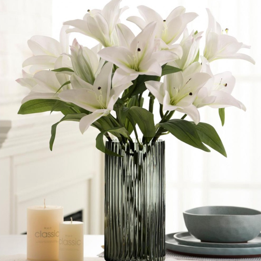 Bình hoa thủy tinh sọc dọc dạng trụ Evelyn LH047 trang trí bàn trà phòng khách phong cách vintage